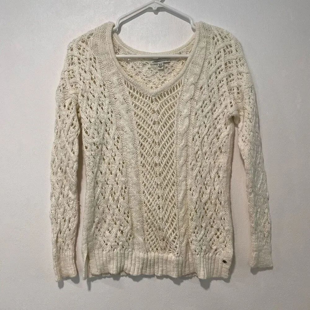 American Eagle Cream Knit Sweater | Open Cable Stitch | Size XS